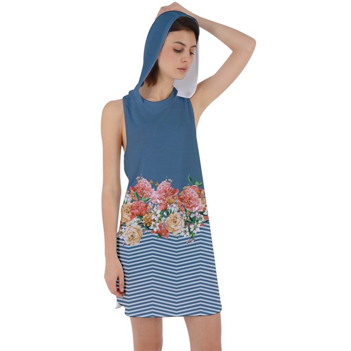 Peony Floral Light Steel Blue Zigzag Racer Back Hoodie Dress