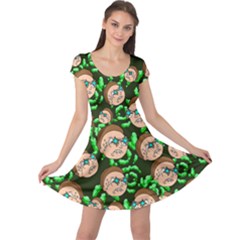 Angry Morty Green Blue Colorful Space With Cute Rocket Cap Sleeve Dress