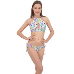 Tridimensional Pastel Shapes Background Memphis Style Cross Front Halter Bikini Set by Bedest