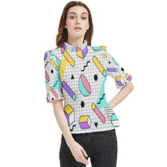 Tridimensional Pastel Shapes Background Memphis Style Frill Neck Blouse