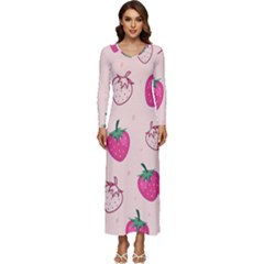 Seamless Strawberry Fruit Pattern Background Long Sleeve Longline Maxi Dress by Bedest