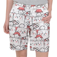 Cute Cat Chef Cooking Seamless Pattern Cartoon Women s Pocket Shorts by Bedest