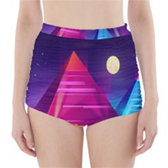 Egyptian Pyramids Night Landscape Cartoon Art High-waisted Bikini Bottoms by Bedest