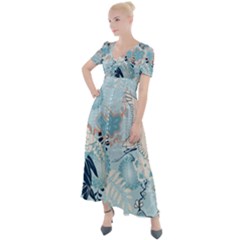 Crane Pattern Bird Animal Nature Button Up Short Sleeve Maxi Dress