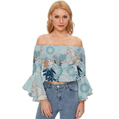 Crane Pattern Bird Animal Nature Off Shoulder Flutter Bell Sleeve Top