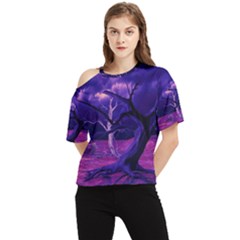 Forest Night Sky Clouds Mystical One Shoulder Cut Out T-shirt by Bedest