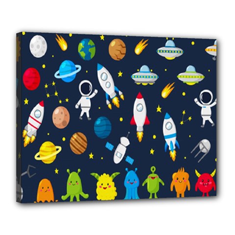 Big Set Cute Astronauts Space Planets Stars Aliens Rockets Ufo Constellations Satellite Moon Rover V Canvas 20  X 16  (stretched) by Bedest