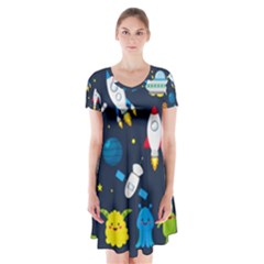 Big Set Cute Astronauts Space Planets Stars Aliens Rockets Ufo Constellations Satellite Moon Rover V Short Sleeve V-neck Flare Dress by Bedest