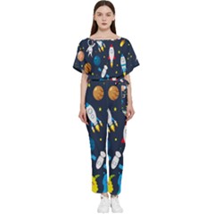 Big Set Cute Astronauts Space Planets Stars Aliens Rockets Ufo Constellations Satellite Moon Rover V Batwing Lightweight Chiffon Jumpsuit by Bedest