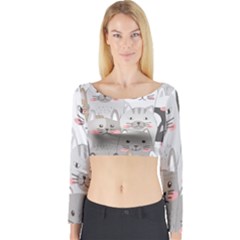 Cute Cats Seamless Pattern Long Sleeve Crop Top by Bedest