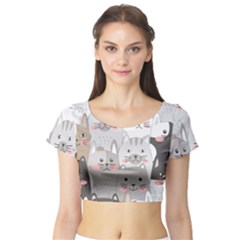 Cute Cats Seamless Pattern Short Sleeve Crop Top by Bedest