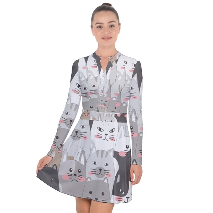 Cute Cats Seamless Pattern Long Sleeve Panel Dress