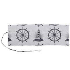 Marine Nautical Seamless Pattern With Vintage Lighthouse Wheel Roll Up Canvas Pencil Holder (m) by Bedest