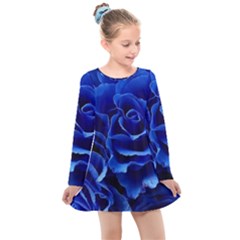 Blue Roses Flowers Plant Romance Blossom Bloom Nature Flora Petals Kids  Long Sleeve Dress by Bedest