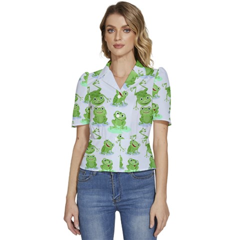 Cute Green Frogs Seamless Pattern Puffed Short Sleeve Button Up Jacket by Bedest