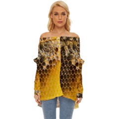 Honeycomb With Bees Off Shoulder Chiffon Pocket Shirt