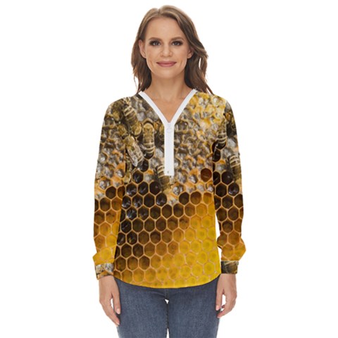 Honeycomb With Bees Zip Up Long Sleeve Blouse by Bedest