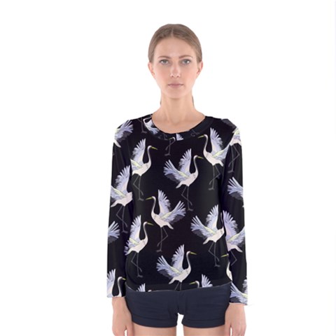 Crane Pattern Bird Animal Women s Long Sleeve T-shirt by Bedest