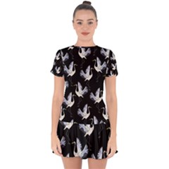 Crane Pattern Bird Animal Drop Hem Mini Chiffon Dress by Bedest