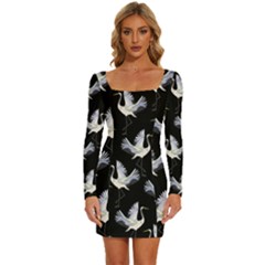 Crane Pattern Bird Animal Long Sleeve Square Neck Bodycon Velvet Dress by Bedest