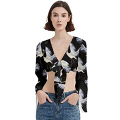 Crane Pattern Bird Animal Trumpet Sleeve Cropped Top