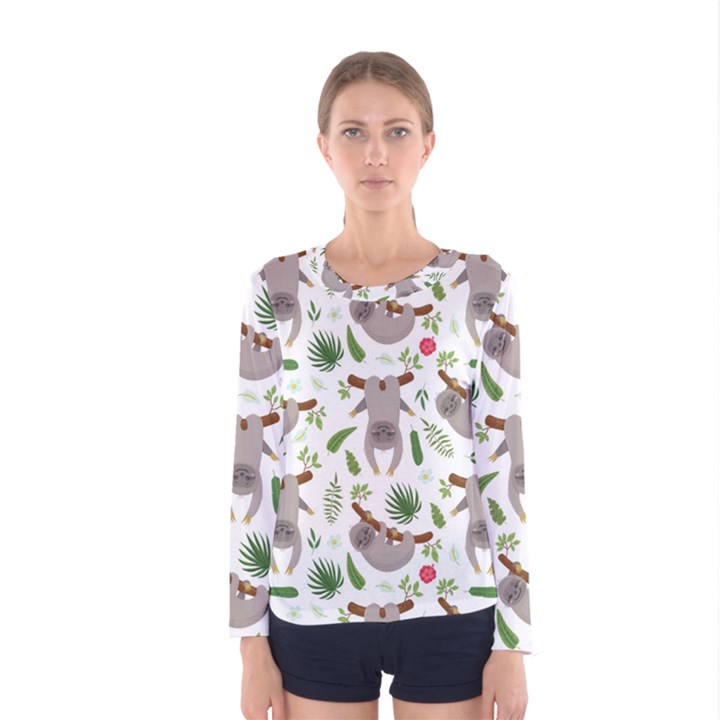 Seamless Pattern With Cute Sloths Women s Long Sleeve T-Shirt