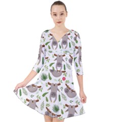 Seamless Pattern With Cute Sloths Quarter Sleeve Front Wrap Dress