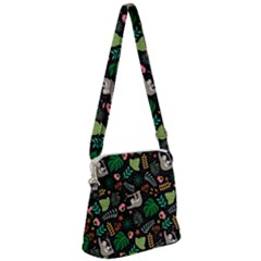 Floral Pattern With Plants Sloth Flowers Black Backdrop Zipper Messenger Bag by Bedest