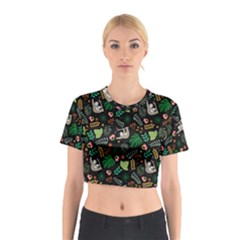 Floral Pattern With Plants Sloth Flowers Black Backdrop Cotton Crop Top by Bedest