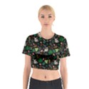 Floral Pattern With Plants Sloth Flowers Black Backdrop Cotton Crop Top View1