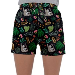 Floral Pattern With Plants Sloth Flowers Black Backdrop Sleepwear Shorts by Bedest