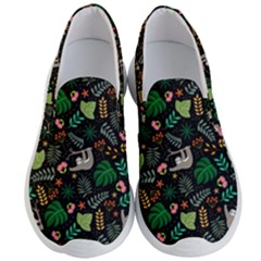 Floral Pattern With Plants Sloth Flowers Black Backdrop Men s Lightweight Slip Ons by Bedest