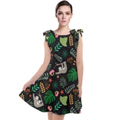 Floral Pattern With Plants Sloth Flowers Black Backdrop Tie Up Tunic Dress by Bedest