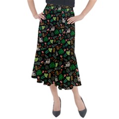 Floral Pattern With Plants Sloth Flowers Black Backdrop Midi Mermaid Skirt by Bedest