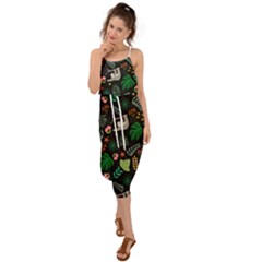 Floral Pattern With Plants Sloth Flowers Black Backdrop Waist Tie Cover Up Chiffon Dress