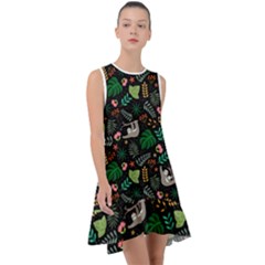 Floral Pattern With Plants Sloth Flowers Black Backdrop Frill Swing Dress