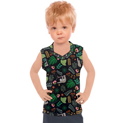 Floral Pattern With Plants Sloth Flowers Black Backdrop Kids  Sport Tank Top by Bedest