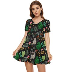 Floral Pattern With Plants Sloth Flowers Black Backdrop Tiered Short Sleeve Babydoll Dress by Bedest