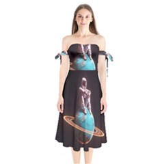 Stuck On Saturn Astronaut Planet Space Shoulder Tie Bardot Midi Dress by Cendanart