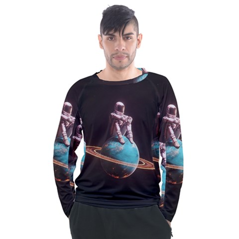 Stuck On Saturn Astronaut Planet Space Men s Long Sleeve Raglan T-shirt by Cendanart