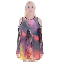 Aesthetic Astronautics Atmosphere Blue Clouds Cosmos Fantasy Galaxy Velvet Long Sleeve Shoulder Cutout Dress by Cendanart