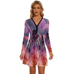 Aesthetic Astronautics Atmosphere Blue Clouds Cosmos Fantasy Galaxy Long Sleeve Deep V Mini Dress  by Cendanart