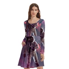 Aesthetic Astronautics Atmosphere Blue Clouds Cosmos Fantasy Galaxy Long Sleeve Knee Length Skater Dress With Pockets by Cendanart