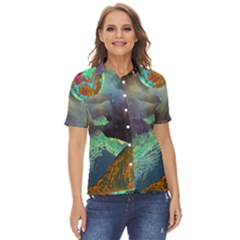 Psychedelic Universe Color Moon Planet Space Women s Short Sleeve Double Pocket Shirt