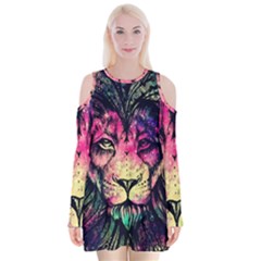 Psychedelic Lion Velvet Long Sleeve Shoulder Cutout Dress by Cendanart