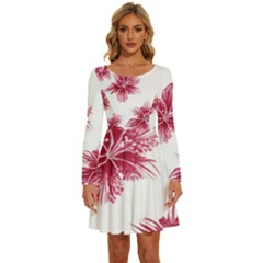 Hawaiian Flowers Long Sleeve Wide Neck Velvet Dress