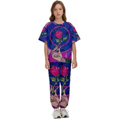 Enchanted Rose Stained Glass Kids  T-shirt And Pants Sports Set by Cendanart