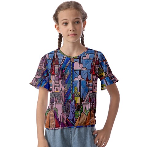 Castle Building Stained Glass Kids  Cuff Sleeve Scrunch Bottom T-shirt by Cendanart