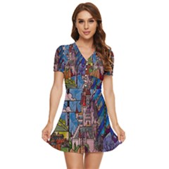 Castle Building Stained Glass V-neck High Waist Chiffon Mini Dress by Cendanart