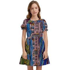 Castle Building Stained Glass Kids  Puff Sleeved Dress